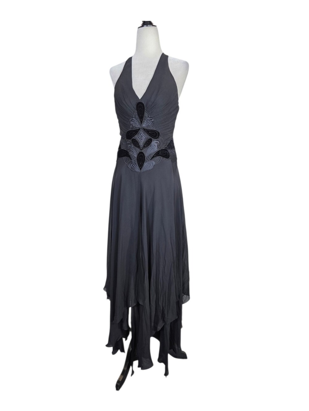 BCBGMaxAzria silk Halter Asymmetrical Dress with Embellished Waist